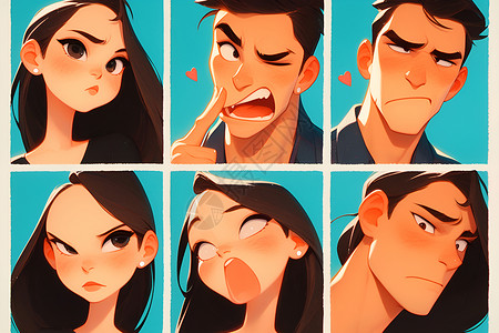 个性情绪表情包男女人物的夸张表情插画