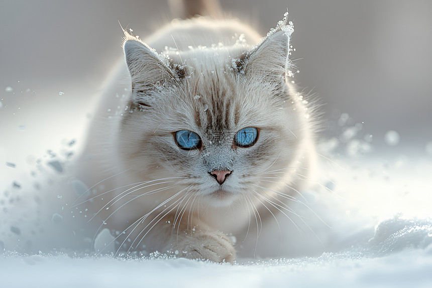 雪中强行的蓝颜猫咪图片