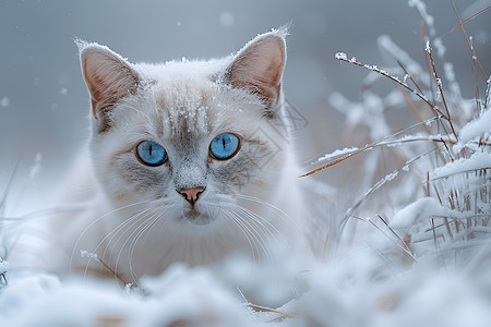 雪中的蓝眼猫高清图片