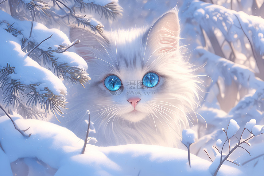 白猫在雪地探险图片