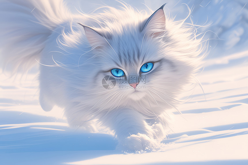 穿过雪地的白猫图片