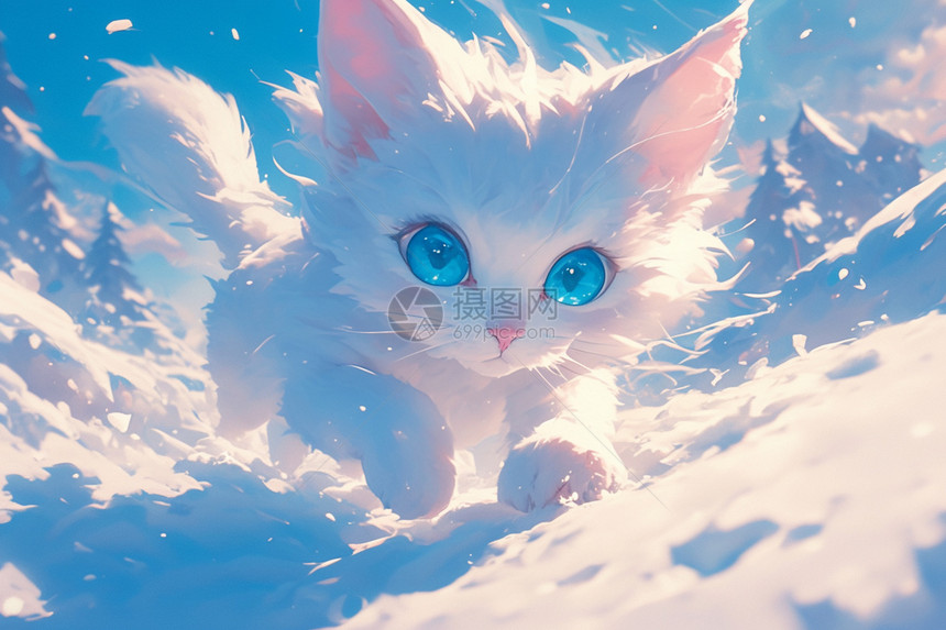 雪地上玩耍的白猫图片