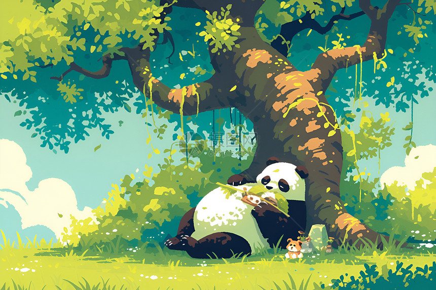 沉睡在树荫下的卡通熊猫图片