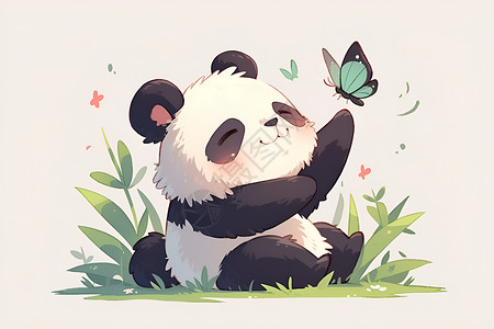 嬉戏可爱熊猫与彩蝶嬉戏插画