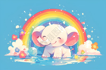 可爱的小象彩虹背景下的小象插画