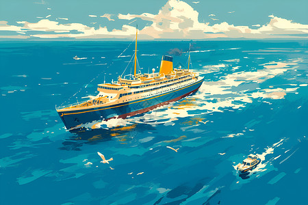 内河邮轮无垠大海中的豪华邮轮插画