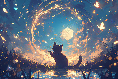 星空下的猫咪背景图片