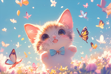 猫咪和蝴蝶插画背景图片