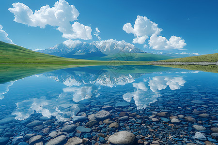 爬雪山过草地蓝天下的湖泊插画