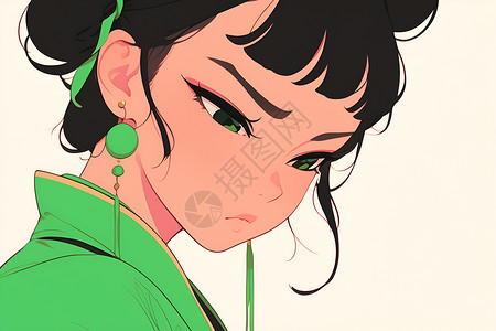 戴耳环汉服女孩戴着绿色耳环插画