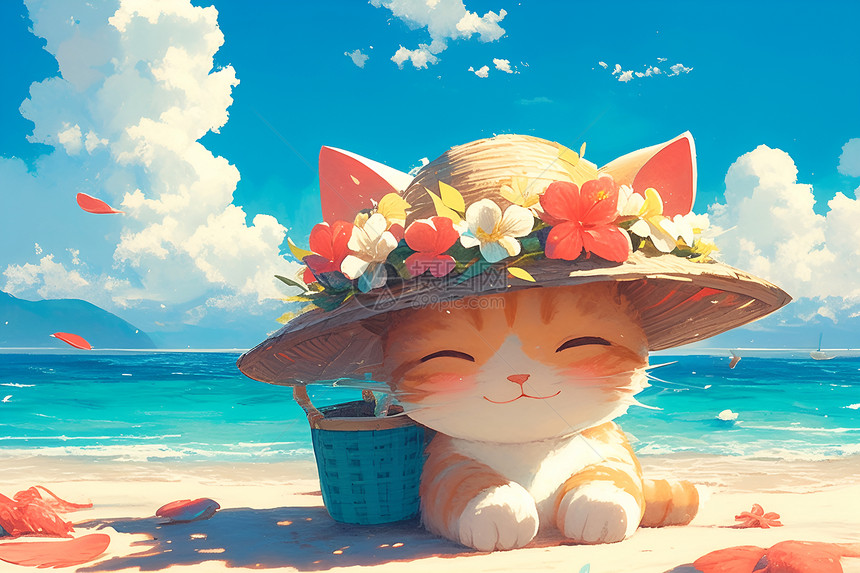 沙滩上的可爱猫咪图片