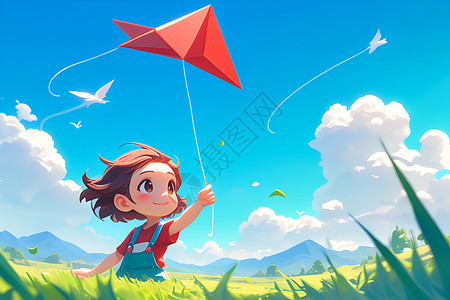 乡田田野上放风筝的女孩插画