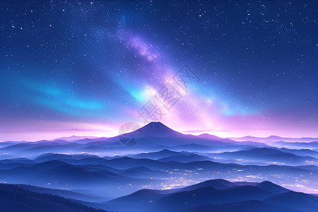 美丽的泸沽湖风景星空下的极光插画