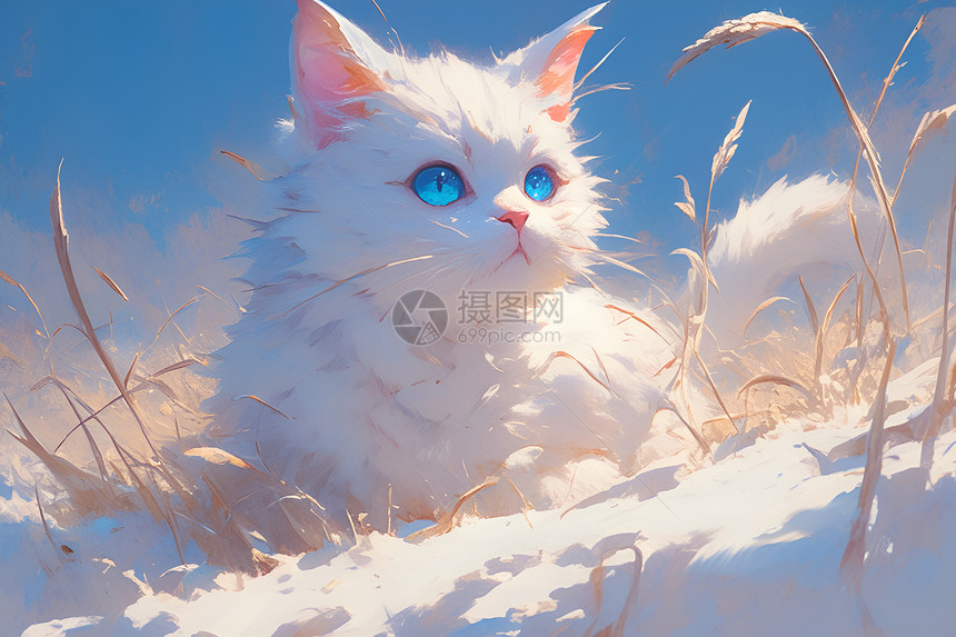 雪地的白猫图片