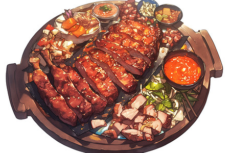 铁板炒饭美味烤肉盛宴插画