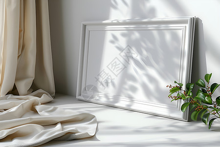 白色木材白色相框和窗帘背景