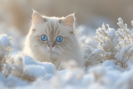 雪地漫步的蓝眼白猫高清图片
