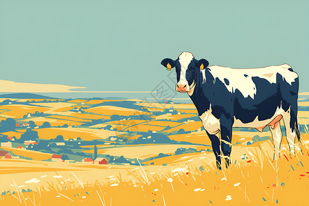 沿河风光带田园风光带离的奶牛插画