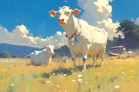 牛牧场两只白色的牛插画