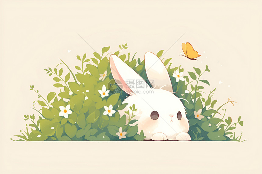 躲在草丛中的兔子图片