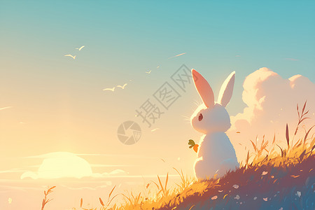 兔子胡萝卜分隔坐在山头的兔子插画