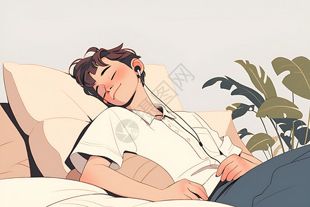 躺在沙发上睡着耳戴耳机躺在沙发上的男孩插画