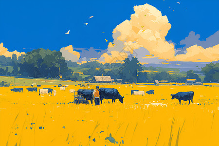 牧场围栏草地上放牧的牛群插画