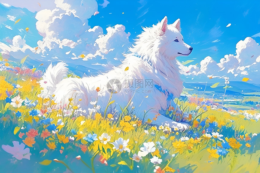 草原上的白狗与花海共舞图片