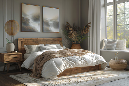 木床宁静温暖的卧室景象设计图片