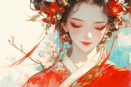 甜美妆容中国传统的女孩插画插画