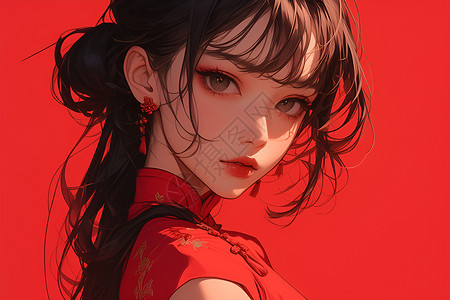 红色极简妆容红色背景上的中式女孩插画
