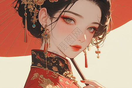 红衣美女艳丽红衣少女插画