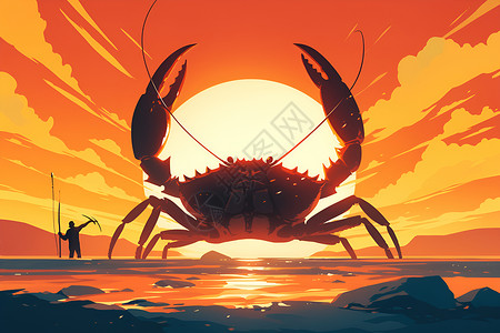 蟹钳夕阳海边的螃蟹插画