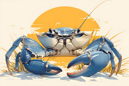 蟹钳夕阳下的螃蟹插画