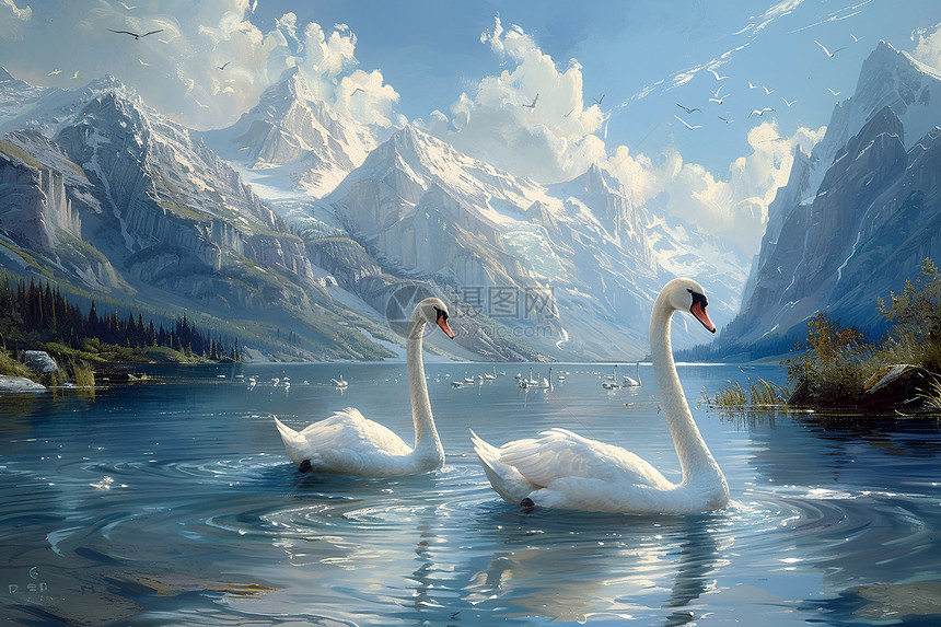 湖水上的白天鹅图片
