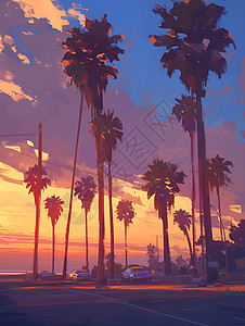 夕阳下的汽车夕阳下的棕榈树插画