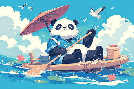 竹篮木筏上徜徉的卡通熊猫插画