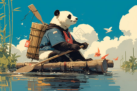 竹筏熊猫乘着木筏在河中漂流插画