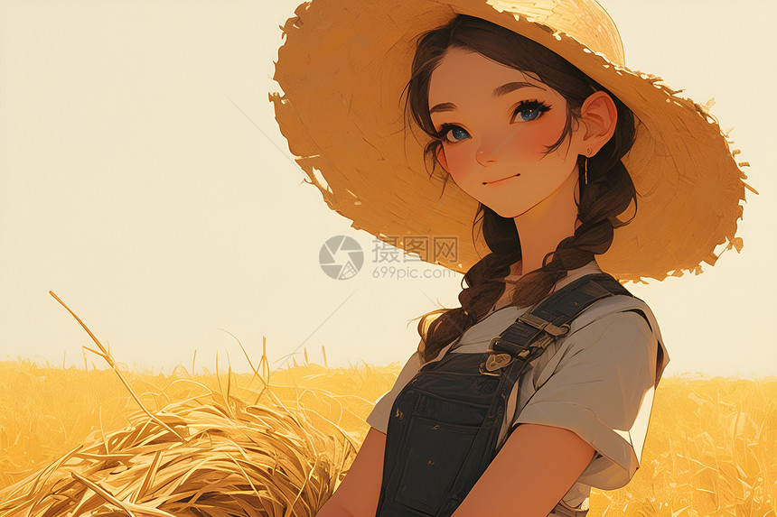 稻田中戴草帽的女子图片