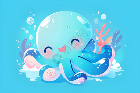 海洋泡泡可爱的乌贼插画