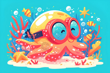 大王乌贼深海里带着眼镜的章鱼插画
