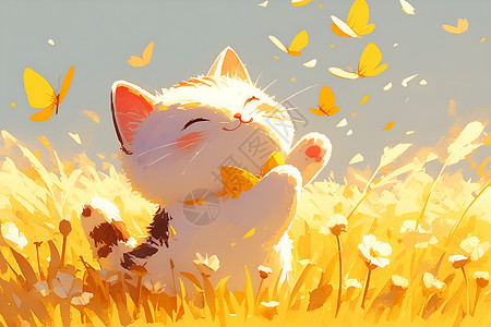 背景活泼田野上的小猫与蝴蝶插画