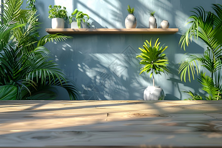 房间里有一张木制桌子和植物背景图片