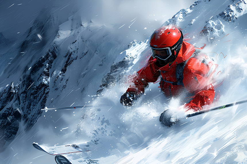 雪山中冒险的滑雪者图片
