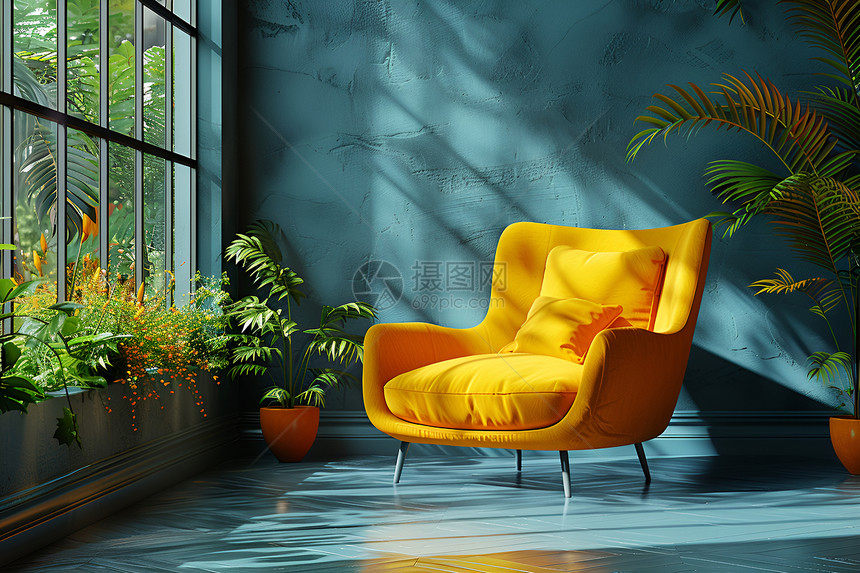 阳光房间里的黄椅与绿色植物图片