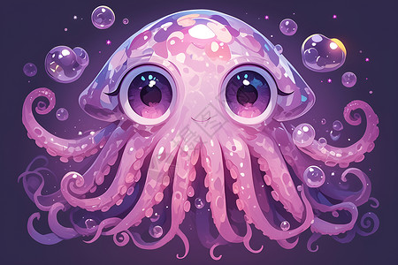 卡通紫色章鱼海底的紫色乌贼插画