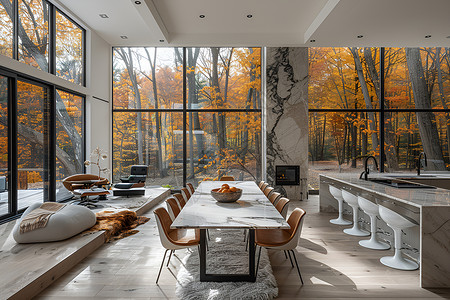 建筑森林房屋内的大型餐桌设计图片