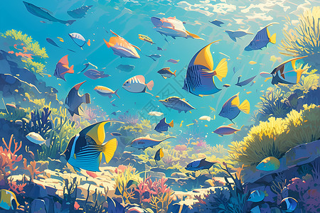 卡通海底世界绚丽的海底世界插画