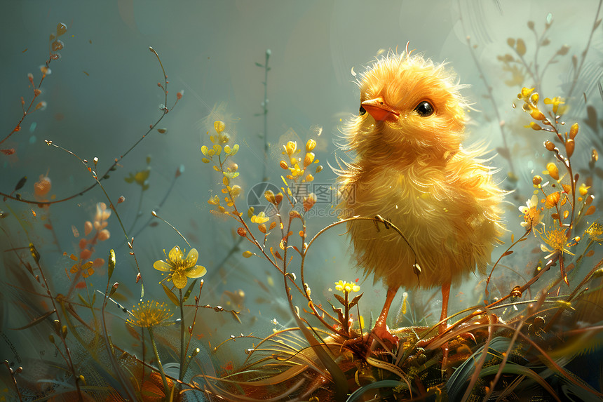 可爱小鸡站在草地上图片