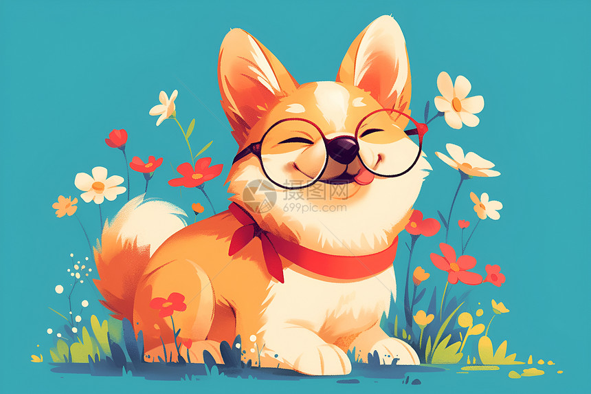 快乐的狗狗在花丛中图片